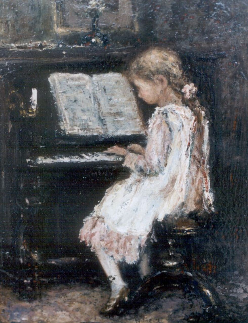 Maris J.H.  | Jacobus Hendricus 'Jacob' Maris, A girl playing the piano, oil on panel 20.0 x 15.2 cm, signed l.r.