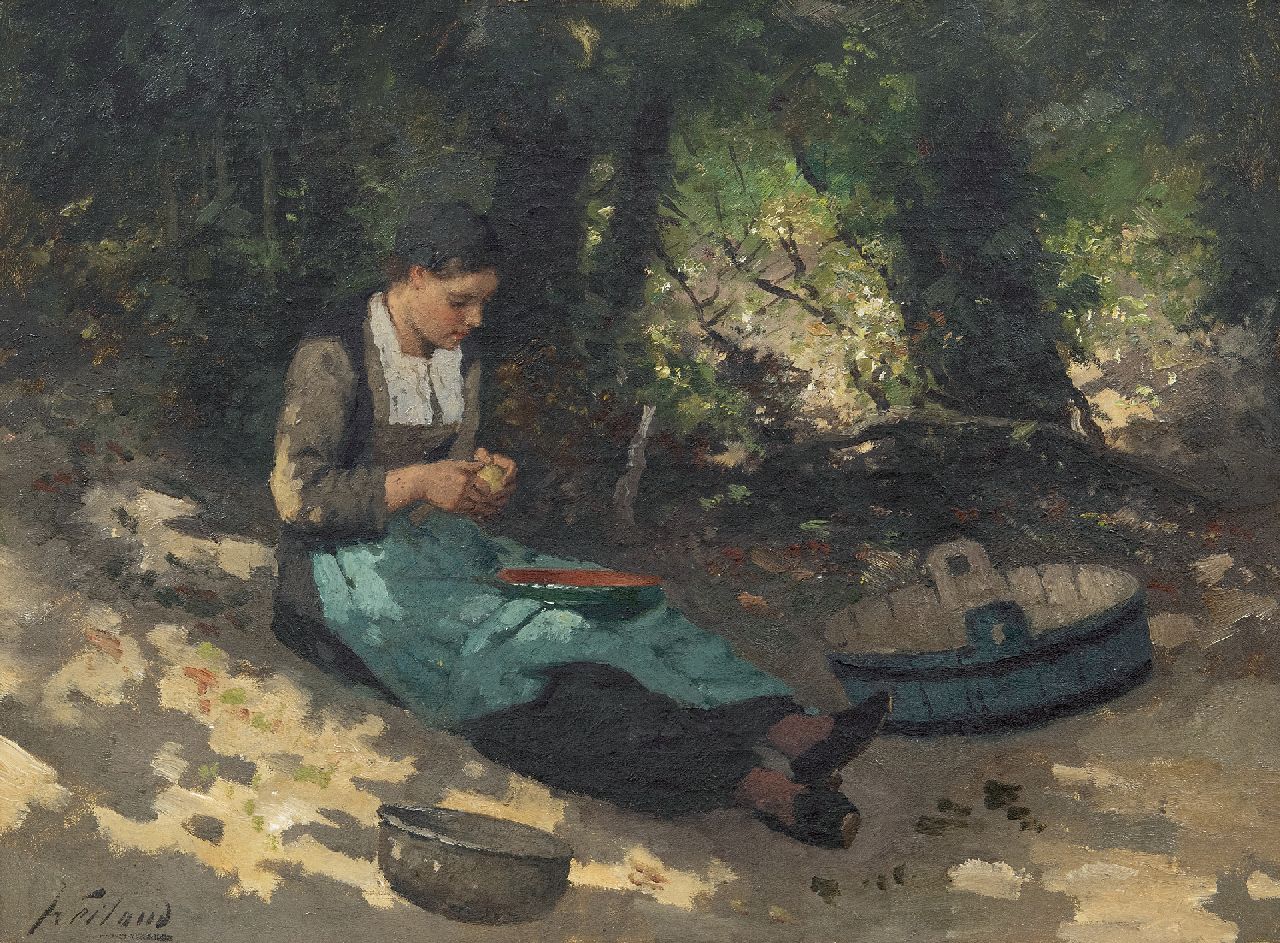 Weiland J.  | Johannes Weiland, Peeling potatoes, oil on canvas 40.3 x 55.4 cm, signed l.l.