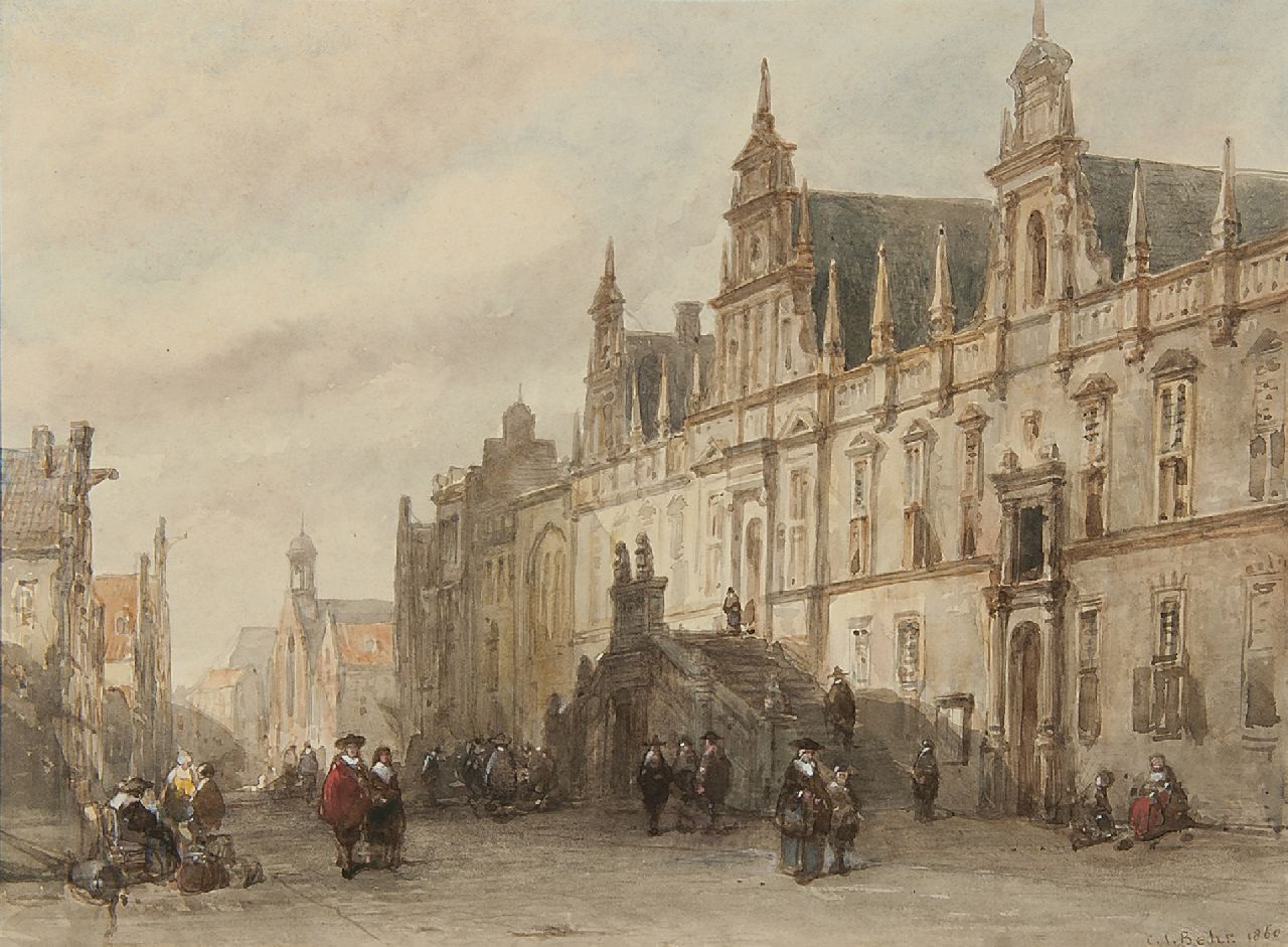 Behr C.J.  | Carel Jacobus Behr | Watercolours and drawings offered for sale | A view of the Town Hall of Leiden, watercolour on paper 24.0 x 31.7 cm, signed l.r. and dated 1860