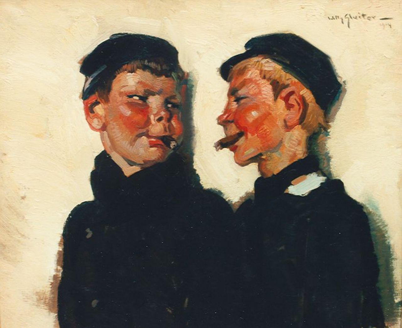Sluiter J.W.  | Jan Willem 'Willy' Sluiter, Boys smoking cigars, oil on canvas laid down on panel 39.6 x 46.7 cm, signed u.r. and dated 1914