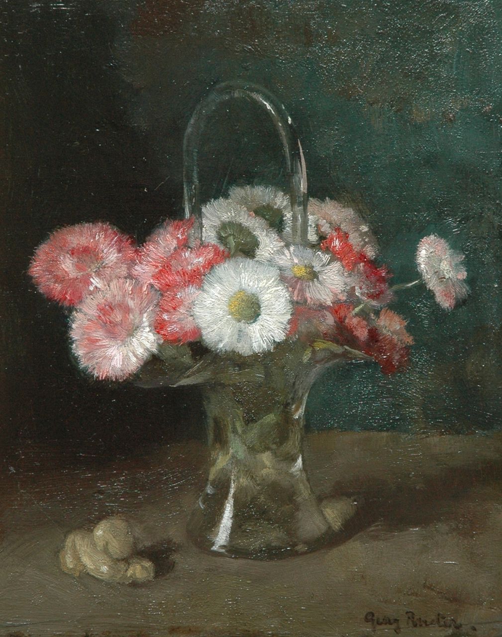 Rueter W.C.G.  | Wilhelm Christian 'Georg' Rueter, Flowers in a glass vase, oil on panel 23.6 x 19.5 cm, signed l.r.