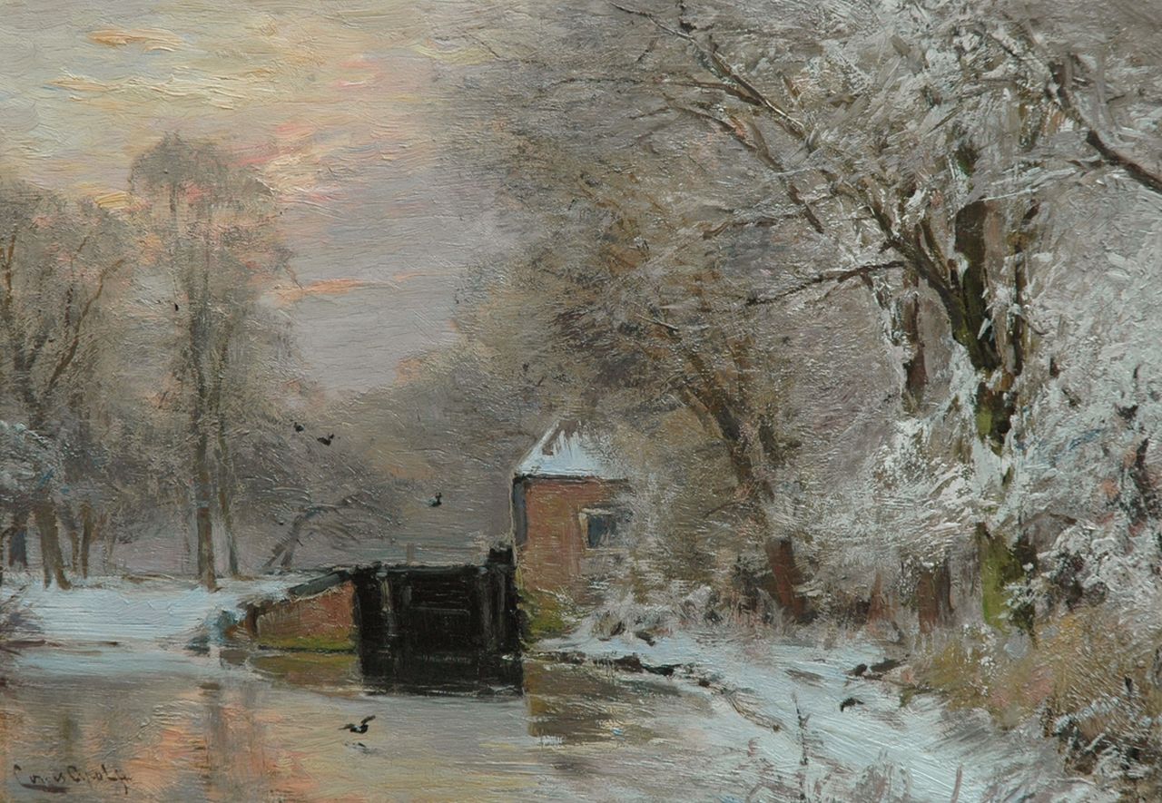 Apol L.F.H.  | Lodewijk Franciscus Hendrik 'Louis' Apol, A winter landscape with a lock, at sunset, oil on panel 26.5 x 38.0 cm, signed l.l.