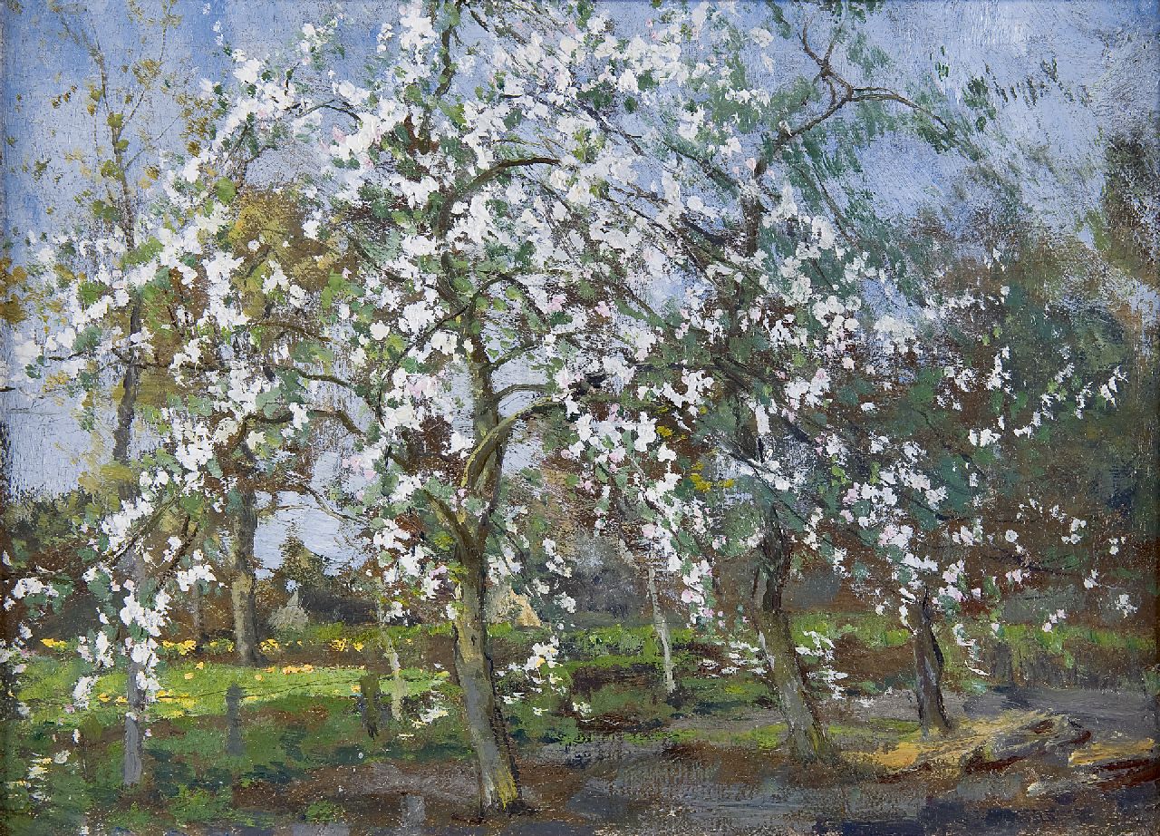 Gorter A.M.  | 'Arnold' Marc Gorter, Apple trees in bloom, oil on panel 26.4 x 36.6 cm, signed verso