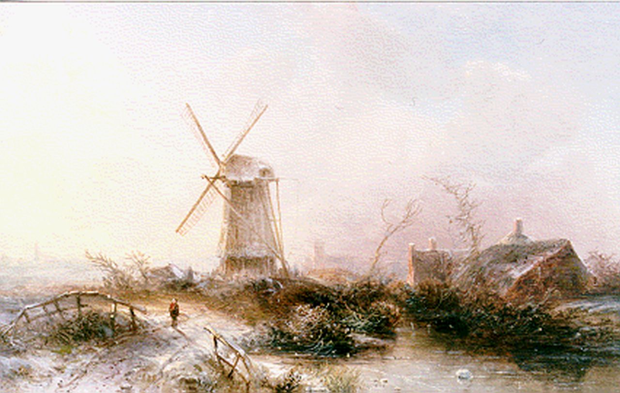 Kluyver P.L.F.  | 'Pieter' Lodewijk Francisco Kluyver, A winter landscape with windmill, oil on panel 24.1 x 35.8 cm, signed l.l.