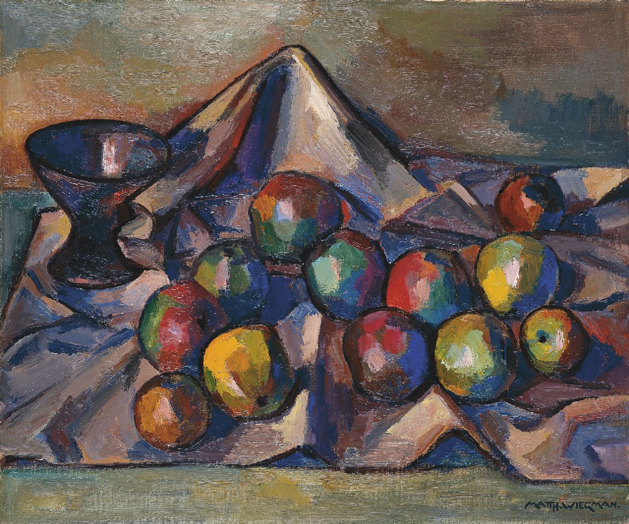 Wiegman M.J.M.  | Mattheus Johannes Marie 'Matthieu' Wiegman, Still life with apples, oil on canvas laid down on panel 54.2 x 65.2 cm, signed l.r. and dated verso 1956