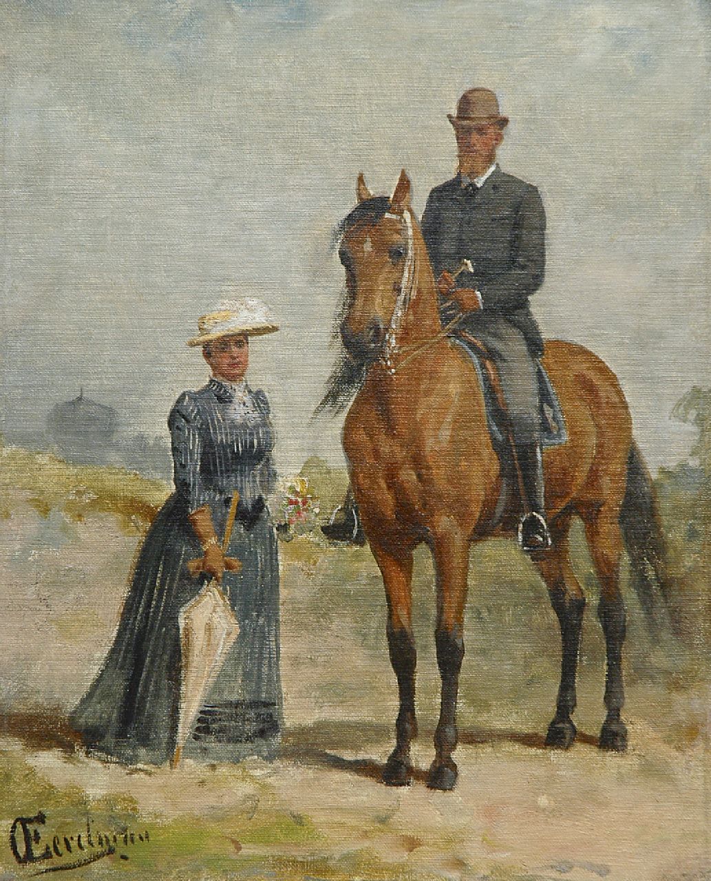 Eerelman O.  | Otto Eerelman, A portrait of a couple in the dunes near Scheveningen, oil on canvas laid down on panel 42.0 x 34.2 cm, signed l.l.