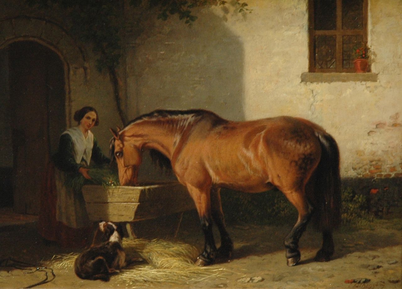 Tschaggeny C.P.  | Charles Philogène Tschaggeny, Feeding the horse, oil on panel 19.0 x 25.3 cm, signed l.r.