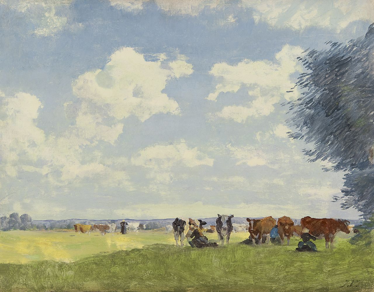 Voerman sr. J.  | Jan Voerman sr., Milking time in the shade, oil on panel 32.3 x 41.2 cm, signed l.r. with initials