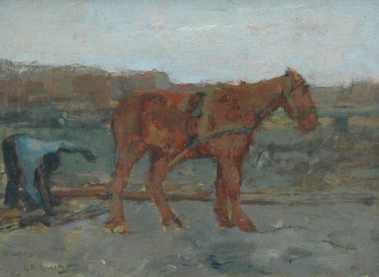 Breitner G.H.  | George Hendrik Breitner, Horse with towing line, oil on panel 14.0 x 18.3 cm, signed l.l.