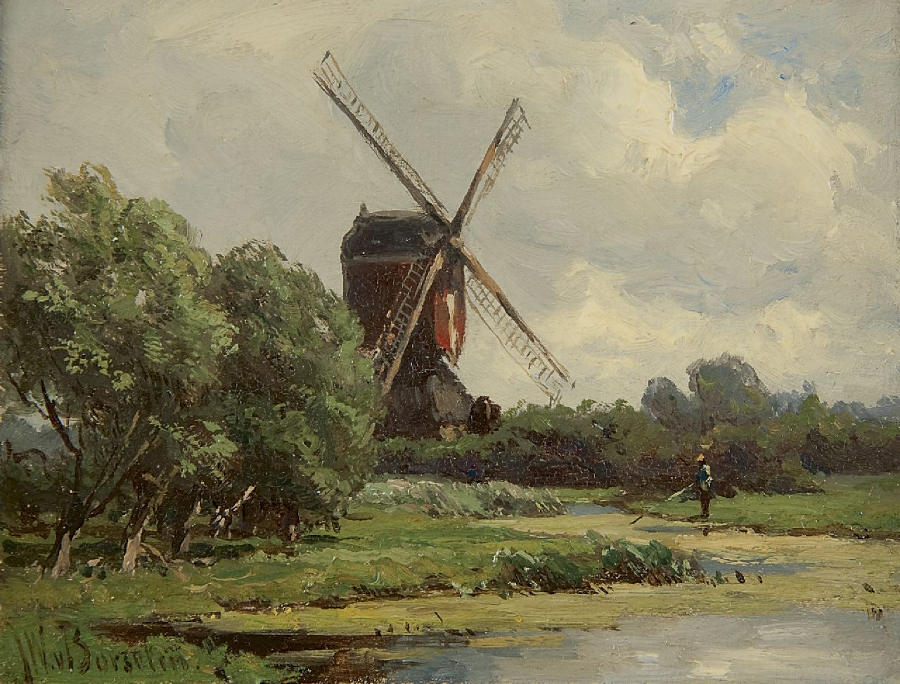 Borselen J.W. van | Jan Willem van Borselen, Windmill on the eastside of the polder 'Stolwijk' (near Gouda), oil on panel 9.0 x 11.8 cm, signed l.l.