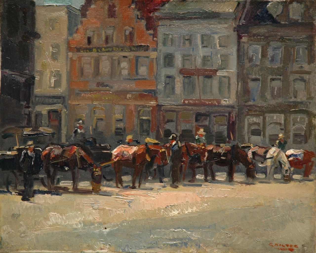 Noltee B.C.  | Bernardus Cornelis 'Cor' Noltee, Waiting carriages on the Scheffersplein, Dordrecht, oil on canvas 40.5 x 50.4 cm, signed l.r.