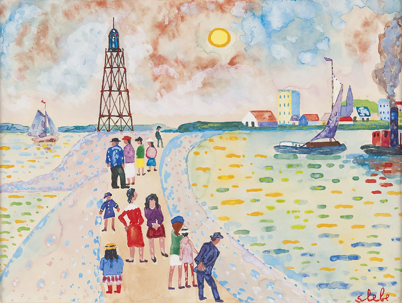 Slebe (Ferdinand Joseph Sleebe) F.  | Ferry Slebe (Ferdinand Joseph Sleebe), A stroll along the harbour, watercolour on paper 25.2 x 32.6 cm, signed l.r.
