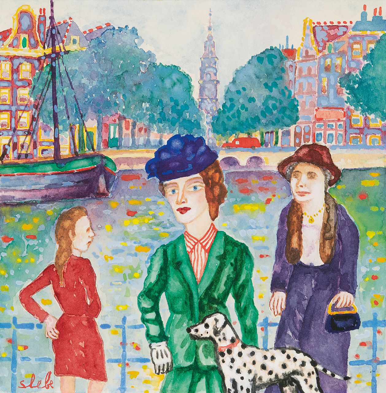 Slebe (Ferdinand Joseph Sleebe) F.  | Ferry Slebe (Ferdinand Joseph Sleebe), Three ladies and a dalmatian dog in Amsterdam, watercolour on paper 25.4 x 25.2 cm, signed l.l.