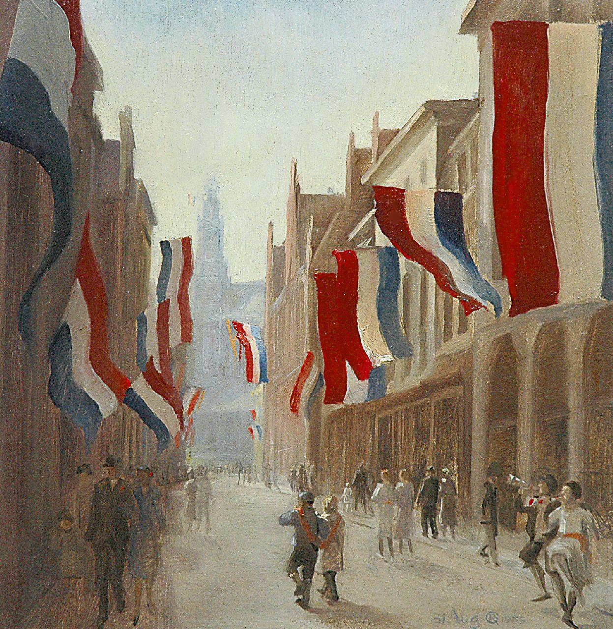 Roelf Gerbrands | Celebrations in Haarlem for the birth of Princess Irene, oil on panel, 22.4 x 22.0 cm, signed l.r. with monogram and dated 31 Aug. 1939
