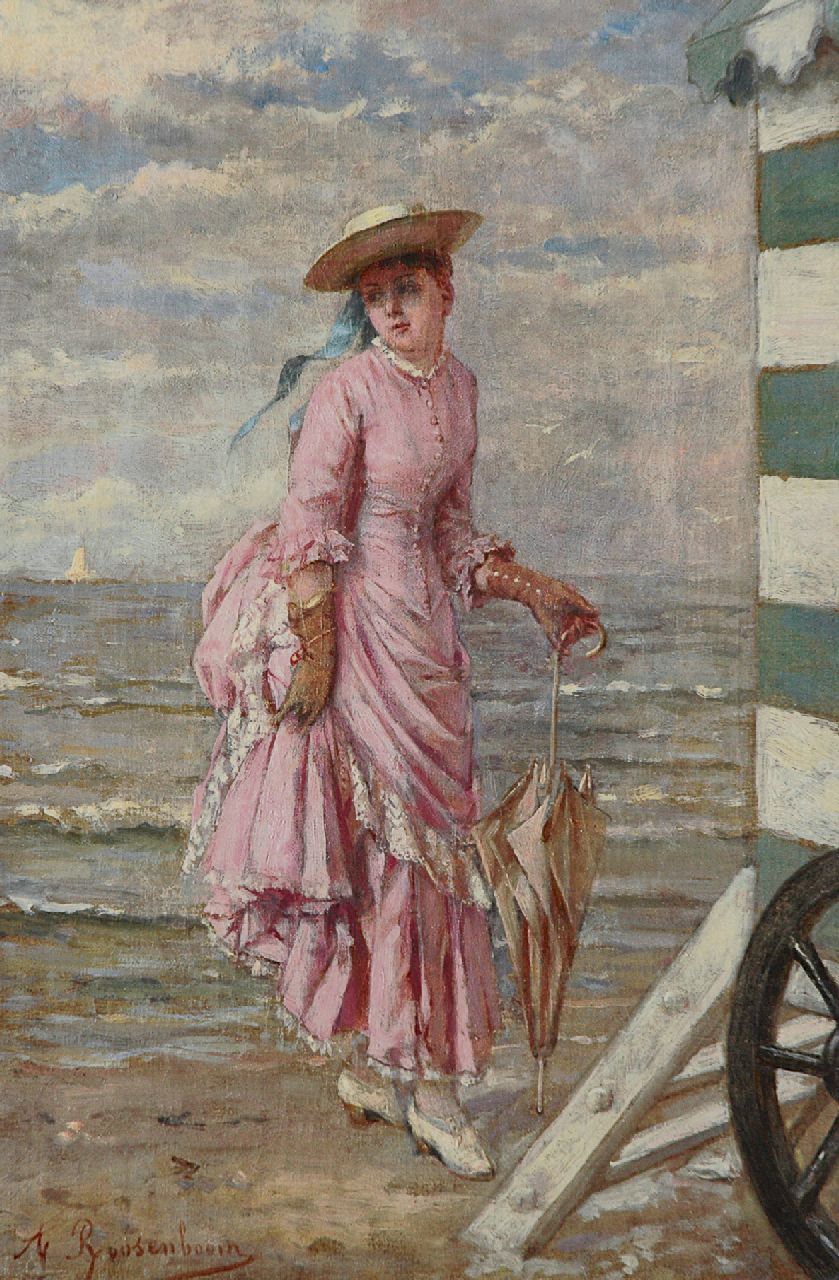 Roosenboom A.  | Albert Roosenboom, On the beach, oil on canvas 36.3 x 24.2 cm, signed l.l. and dated on the reverse 1888