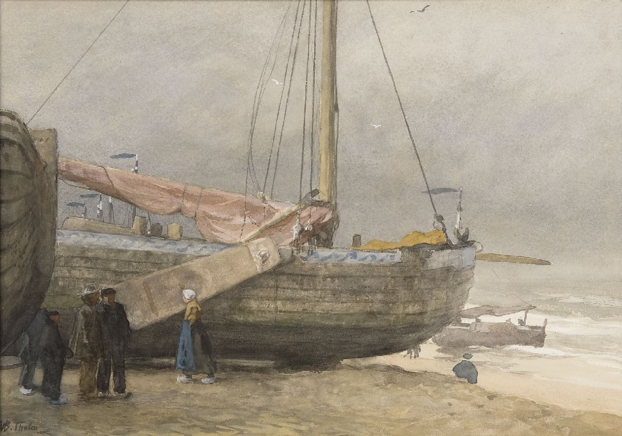 Tholen W.B.  | Willem Bastiaan Tholen | Watercolours and drawings offered for sale | Fisherfolk and boats on the Scheveningen beach, watercolour on paper 37.4 x 53.4 cm, signed l.l.