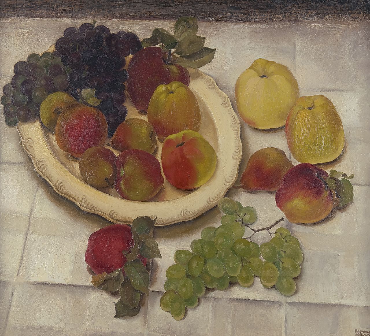 Meurs H.H.  | 'Harmen' Hermanus Meurs | Paintings offered for sale | A still life with grapes and apples, oil on canvas 65.1 x 73.2 cm, signed l.r. and on the reverse and dated 1932