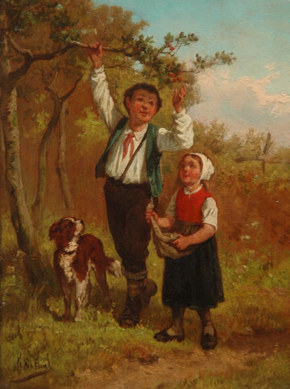 Beul F. de | Frans de Beul, Picking cherries, oil on panel 24.0 x 17.6 cm, signed l.l.