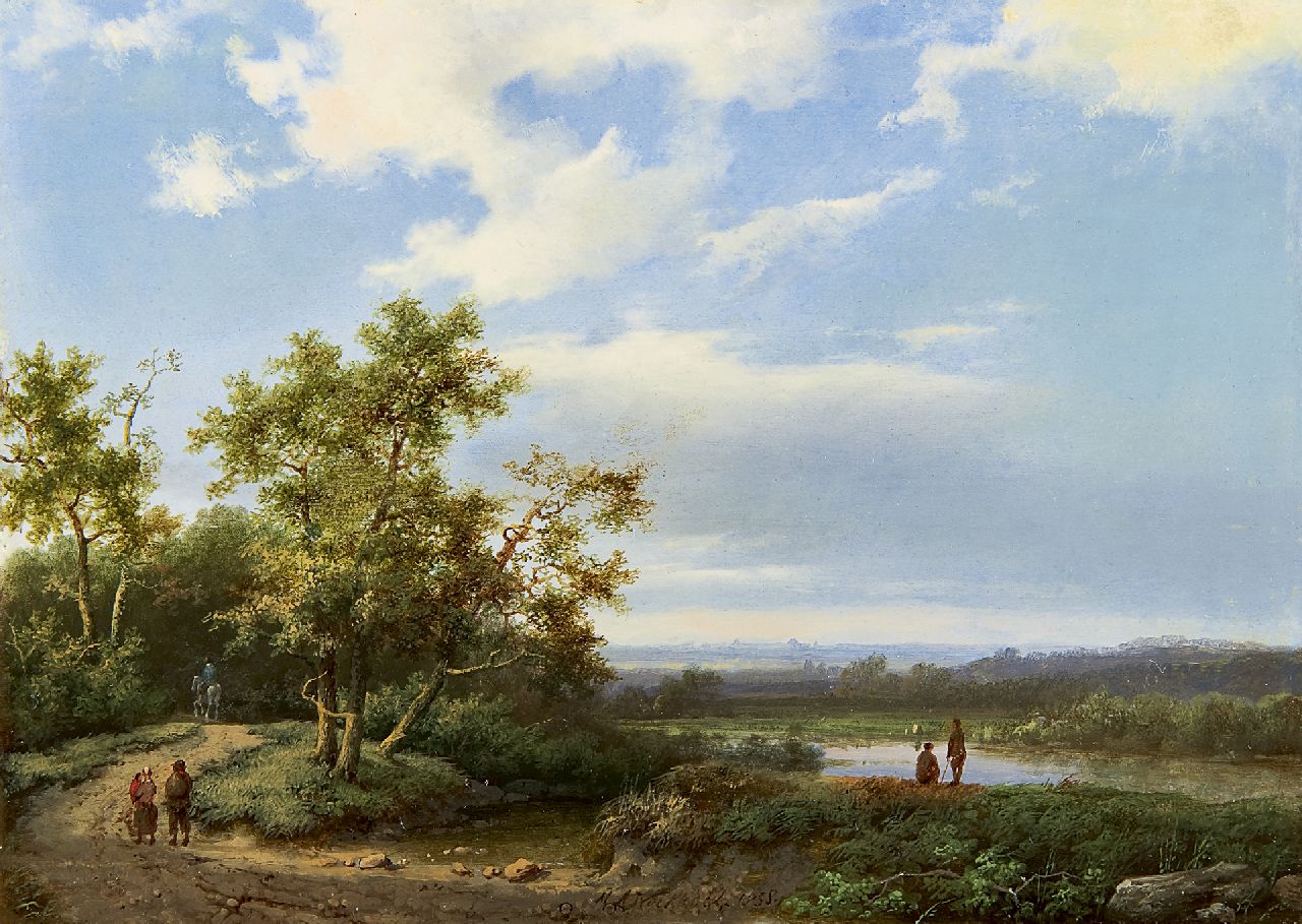 Koekkoek I M.A.  | Marinus Adrianus Koekkoek I, A river landscape with figures, oil on panel 21.6 x 29.8 cm, signed l.m. and dated 1858