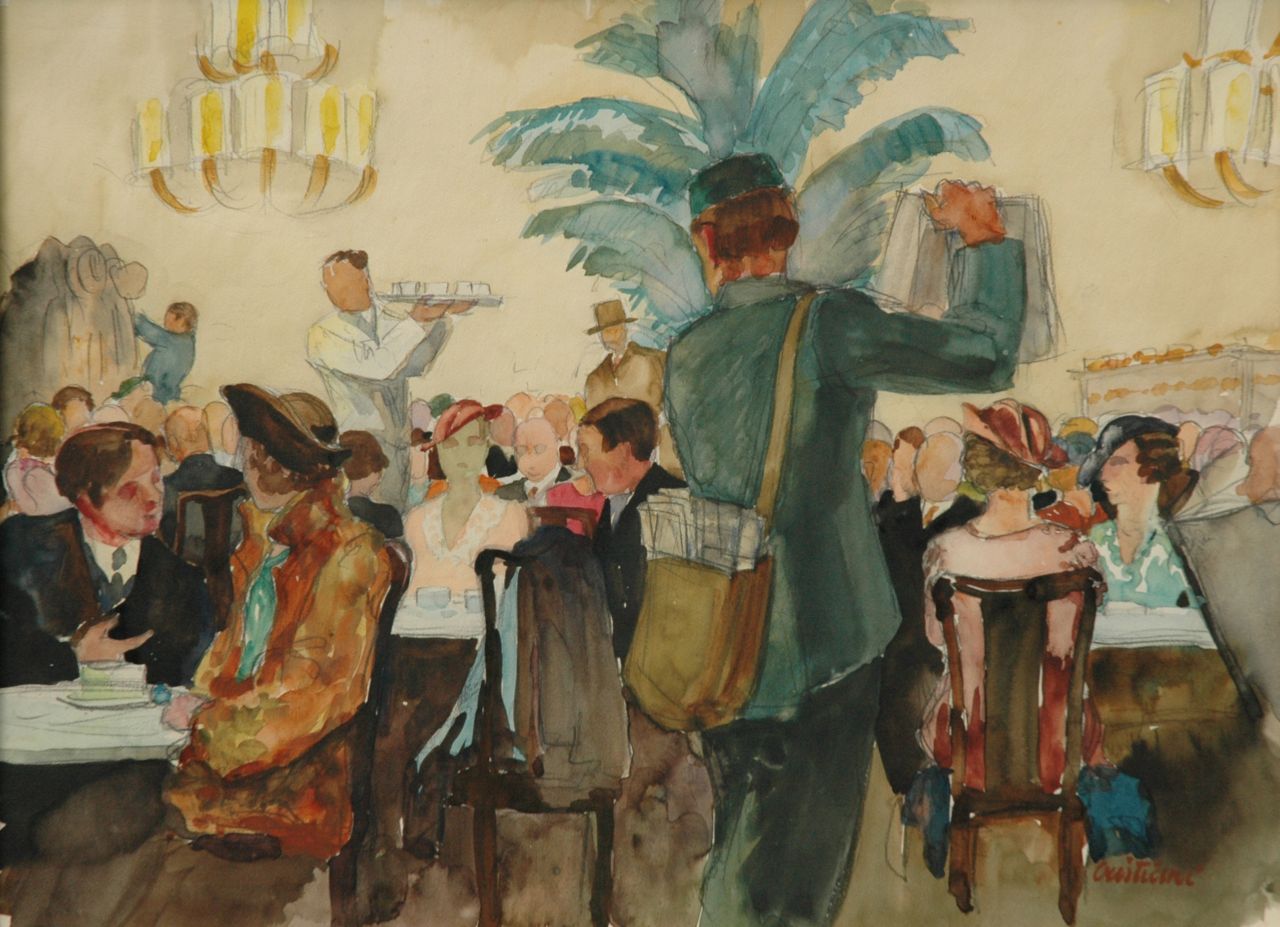 Mateo Cristiani | At the coffee house, Frankfurt, pencil and watercolour on paper, 36.9 x 49.9 cm, signed l.r.