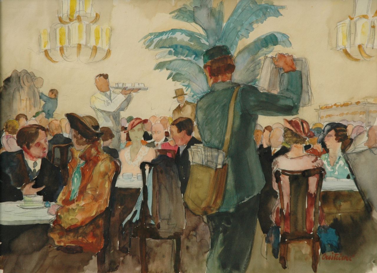 Cristiani M.  | Mateo Cristiani, At the coffee house, Frankfurt, pencil and watercolour on paper 36.9 x 49.9 cm, signed l.r.