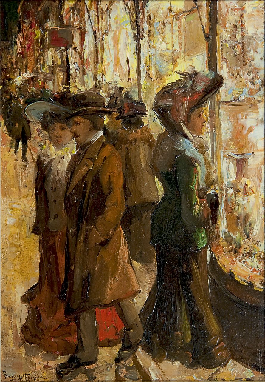 Helfferich F.W.  | Franciscus Willem 'Frans' Helfferich, Window shopping at night, oil on panel 27.1 x 18.8 cm, signed l.l.