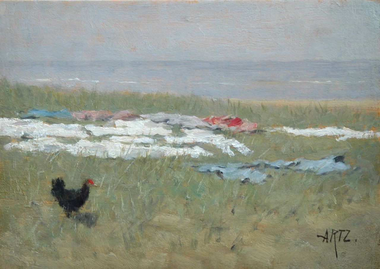 Artz D.A.C.  | David Adolphe Constant Artz, Little black chicken on a bleach field in the dunes, oil on panel 17.9 x 25.0 cm, signed l.r.