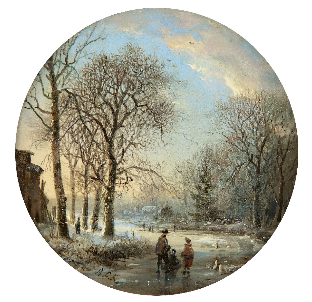 Koekkoek B.C.  | Barend Cornelis Koekkoek, A winter landscape with skaters at sunset, oil on copper 7.0 x 7.0 cm, signed l.l. with initials and painted ca. 1827-1830