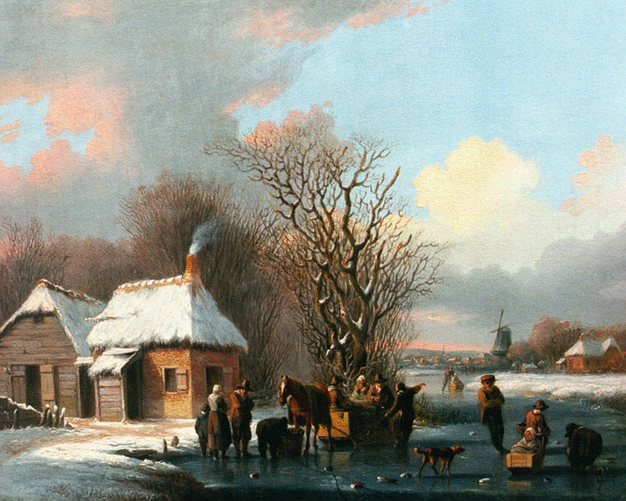 Stok J. van der | Jacobus van der Stok, Activities on a frozen waterway, oil on panel 22.3 x 27.0 cm, signed on a cart