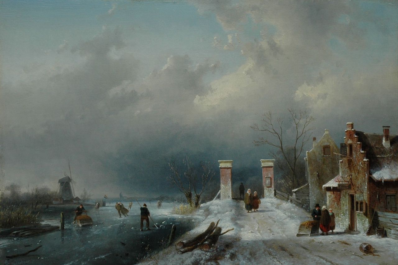 Leickert C.H.J.  | 'Charles' Henri Joseph Leickert, A frozen river with skaters Warmond, oil on panel 32.0 x 47.2 cm, signed l.l. and on sign and dated 1861