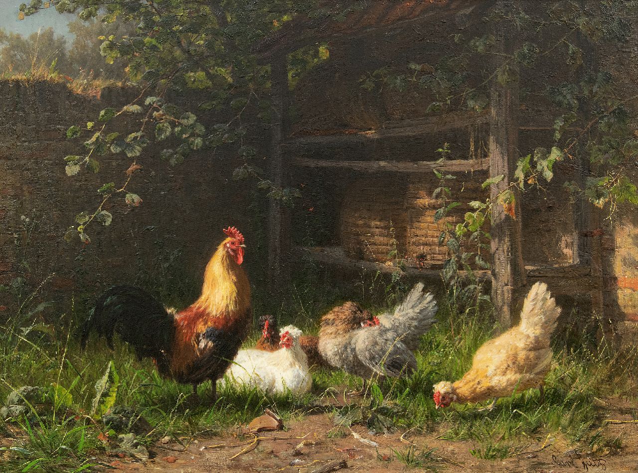 Carl Jutz | A rooster and chickens near beehives, oil on canvas, 43.0 x 58.0 cm, signed l.r.