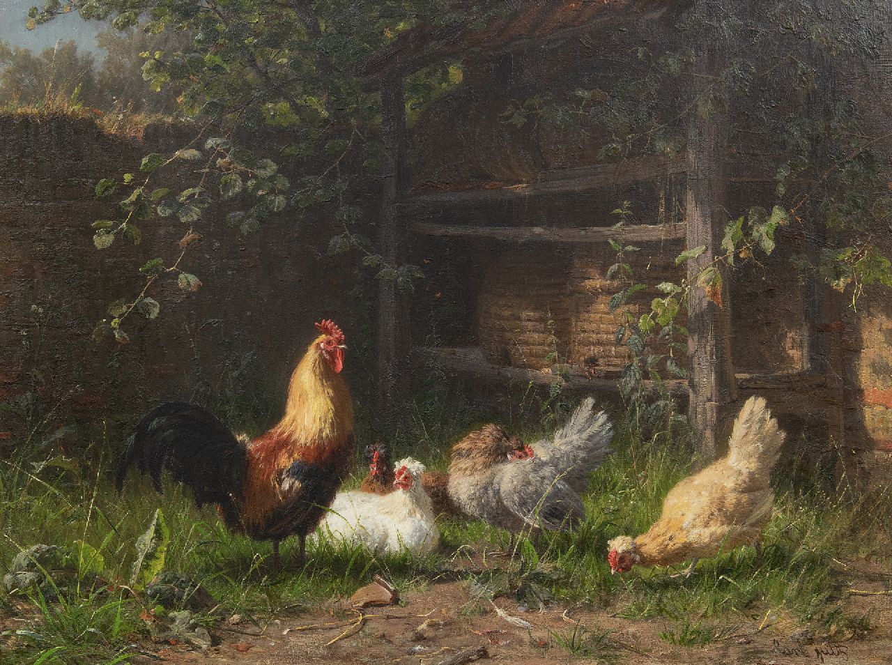 Jutz C.  | Carl Jutz, A rooster and chickens near beehives, oil on canvas 43.0 x 58.0 cm, signed l.r.