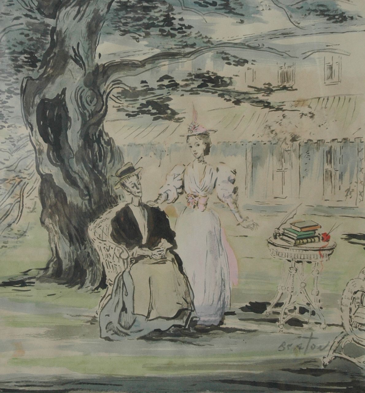 Beaton C.W.H.  | Cecil Walter Hardy Beaton | Watercolours and drawings offered for sale | A scene from the play The Importance of being Earnest: Miss Prism and Cecily, Indian ink and watercolour on paper 46.5 x 49.5 cm, signed l.r.