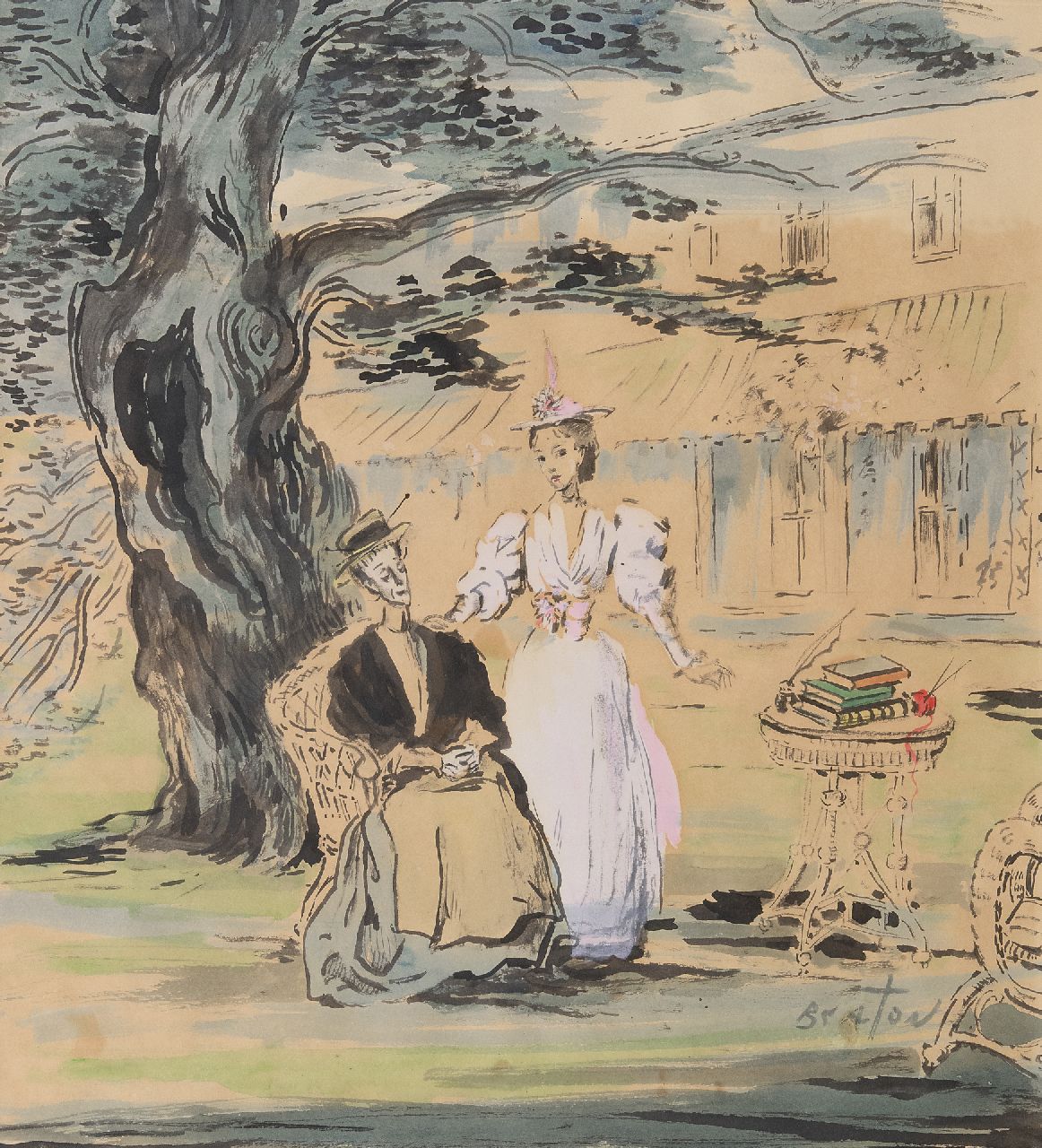 Beaton C.W.H.  | Cecil Walter Hardy Beaton | Watercolours and drawings offered for sale | A scene from the play The Importance of being Earnest: Miss Prism and Cecily, Indian ink and watercolour on paper 46.5 x 49.5 cm, signed l.r.