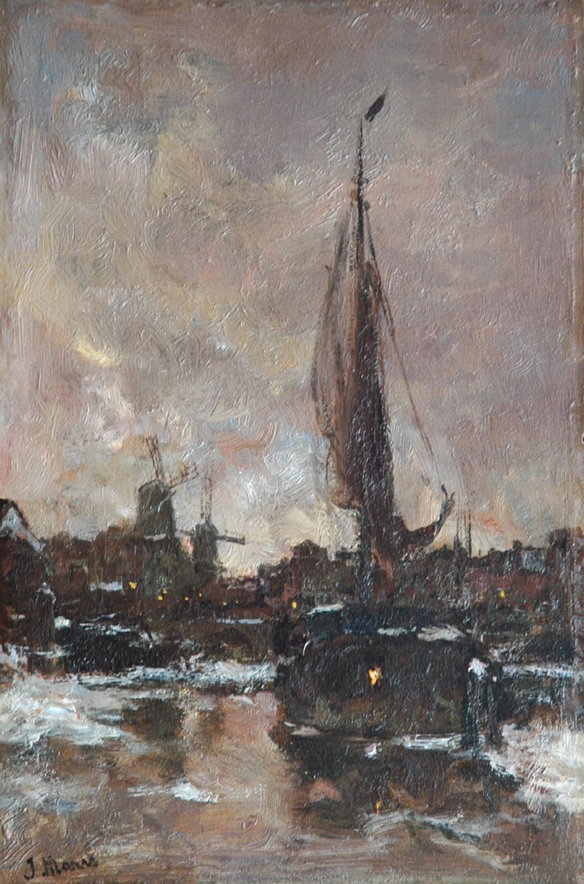 Maris J.H.  | Jacobus Hendricus 'Jacob' Maris, A winter evening in Schiedam, oil on panel 35.9 x 23.6 cm, signed l.l.