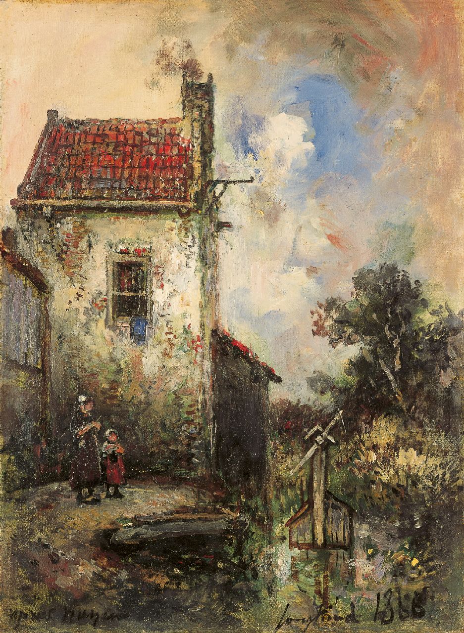 Jongkind J.B.  | Johan Barthold Jongkind, Two children by a house, oil on canvas 33.0 x 24.8 cm, signed l.r. and dated 1868