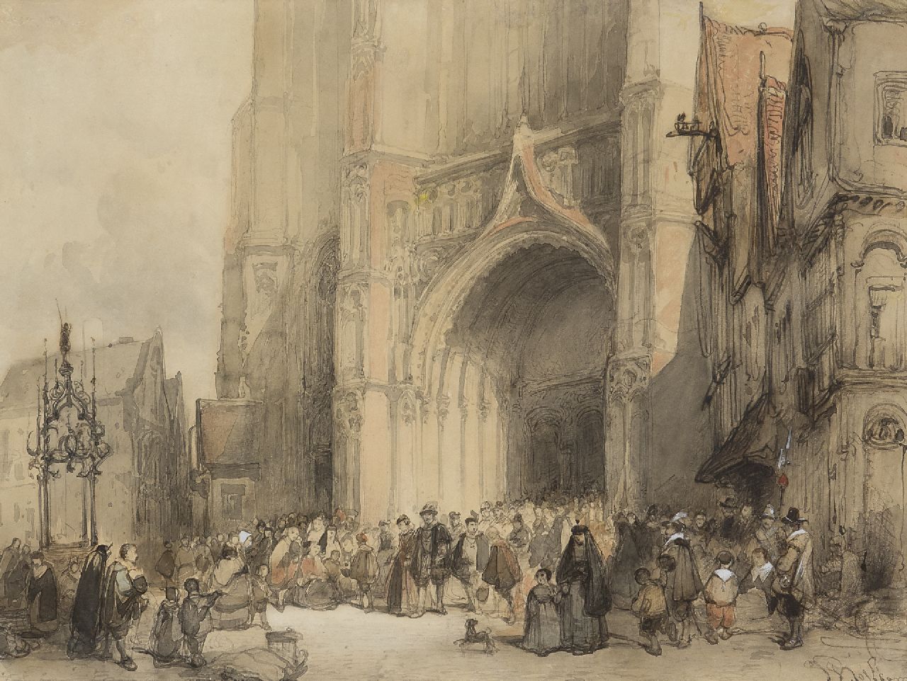 Bosboom J.  | Johannes Bosboom, The cathedral of Antwerpen after service, ink, chalk and watercolour on paper 30.7 x 40.7 cm, signed l.r.