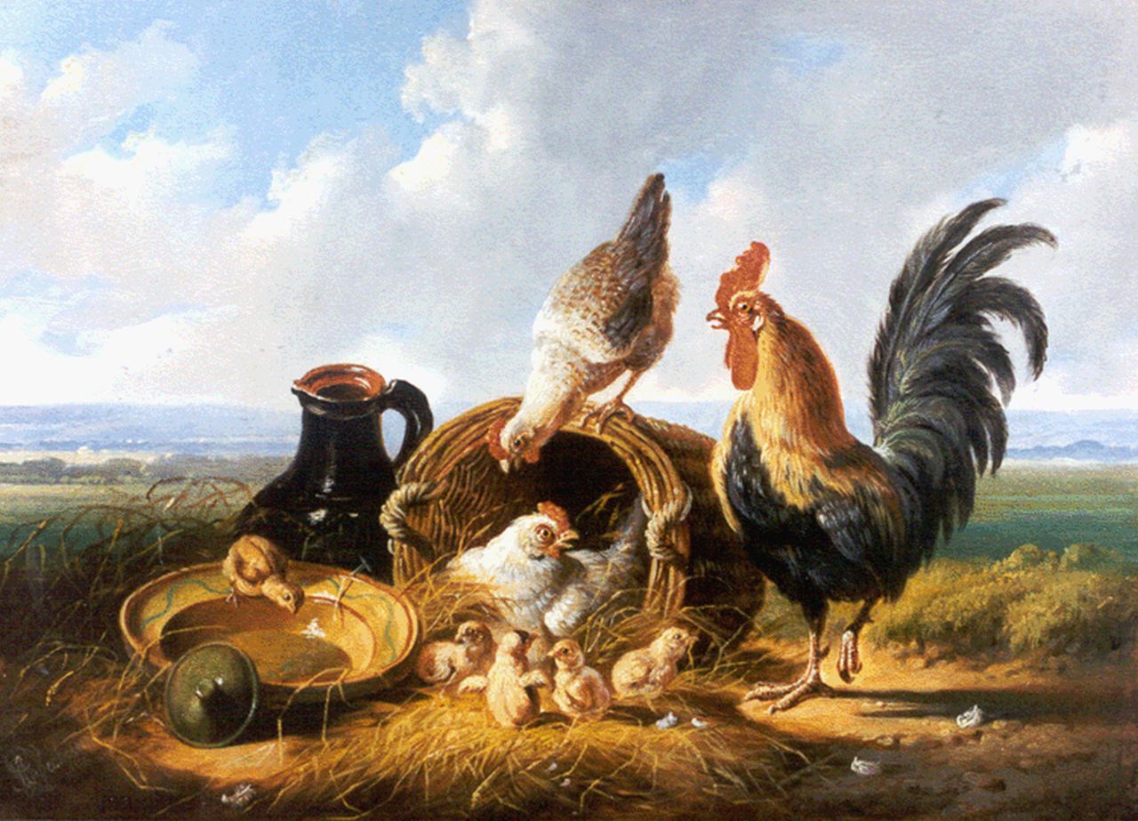 Verhoesen A.  | Albertus Verhoesen, Poultry in an extensive landscape, oil on panel 17.8 x 24.3 cm, signed l.l. and dated 1879