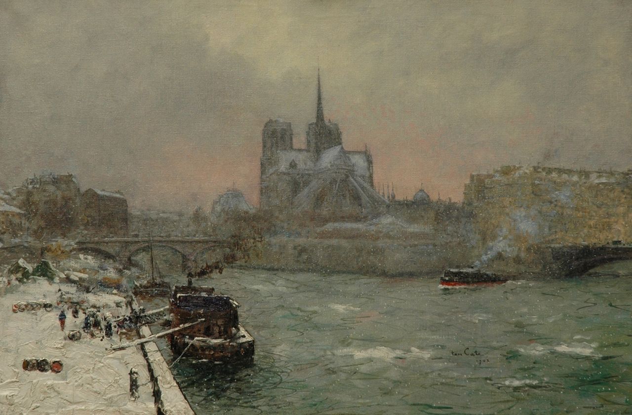 Cate S.J. ten | 'Siebe' Johannes ten Cate, Cargo ships in the snow on the river Seine, Paris, oil on canvas 68.8 x 101.8 cm, signed l.r./l.r.c. and dated 1902