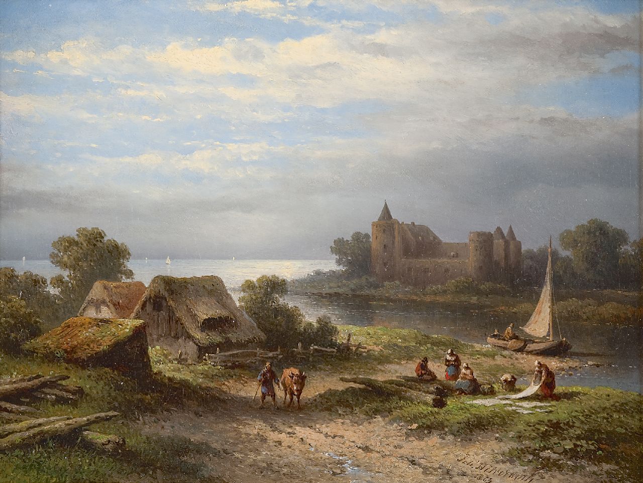 Hilverdink J.  | Johannes Hilverdink, View on the river Vecht and the Muiderslot, oil on canvas laid down on panel 36.8 x 47.2 cm, signed l.r. and dated 1863