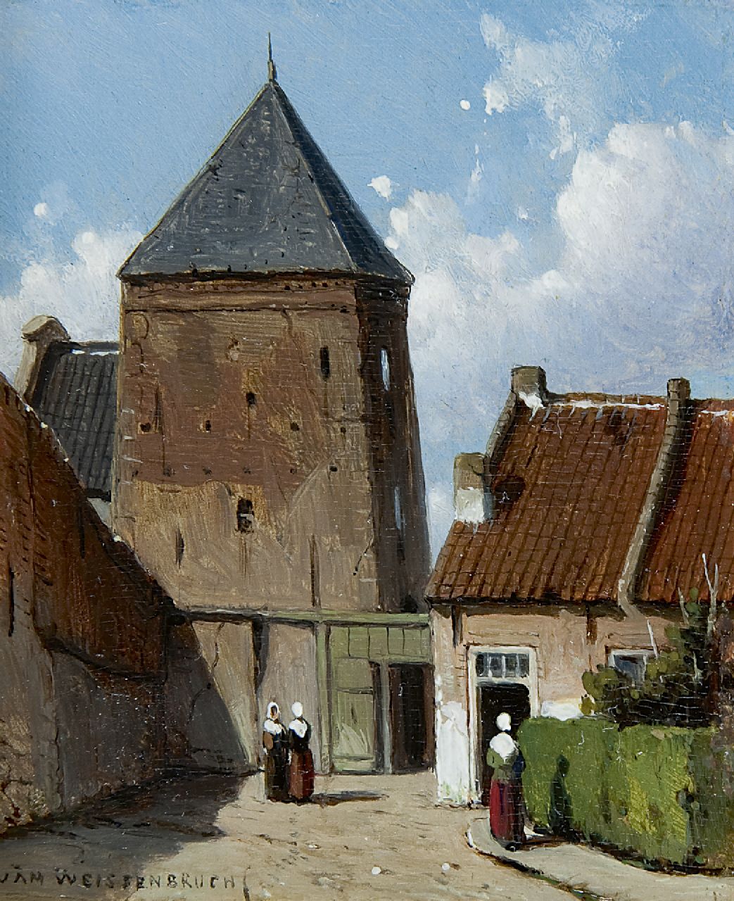 Weissenbruch J.  | Johannes 'Jan' Weissenbruch, The Goilberdinger gate in Culemborg, seen from the south, oil on panel 10.3 x 8.6 cm, signed l.l.