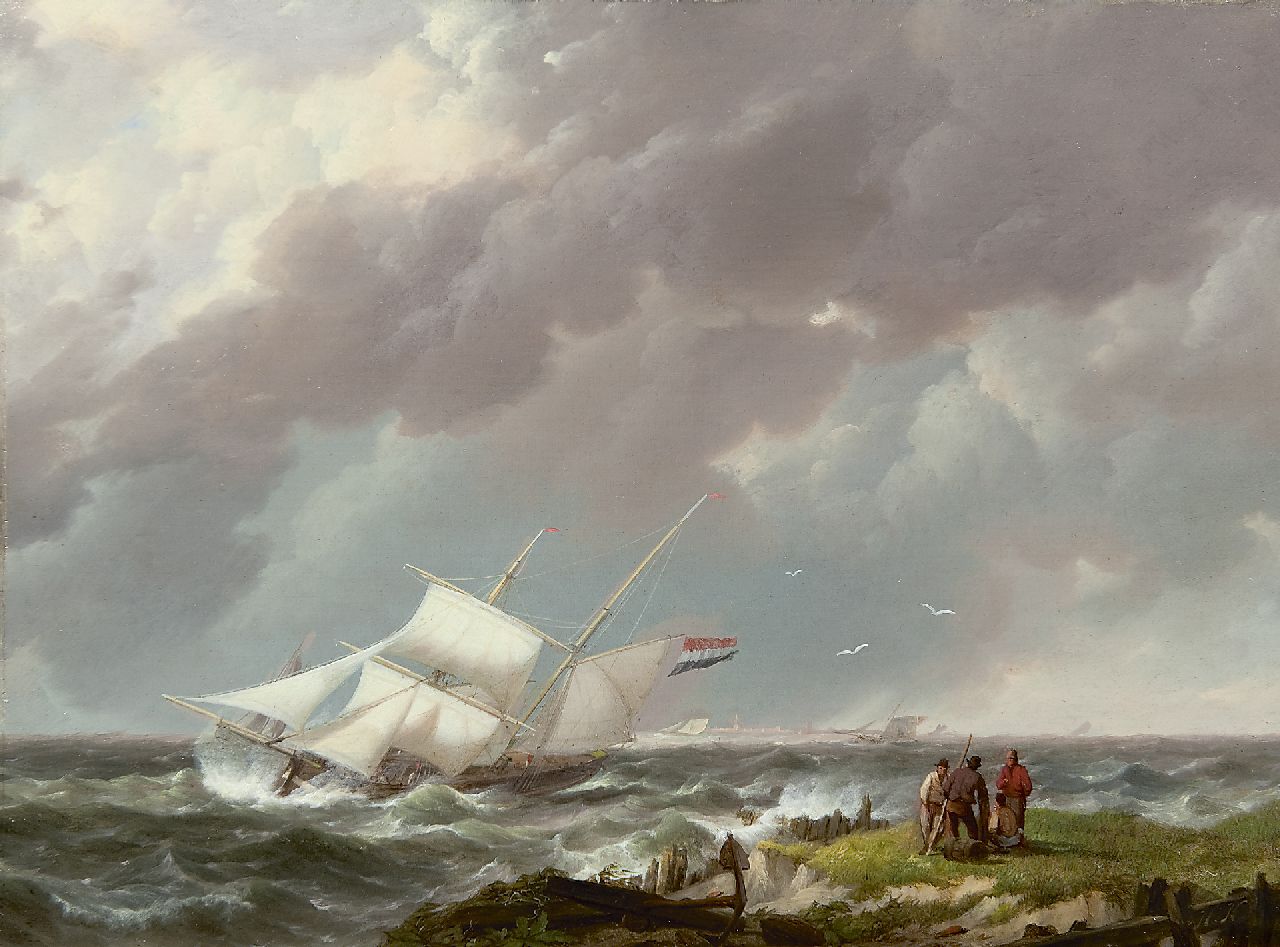Koekkoek H.  | Hermanus Koekkoek, A barquentine in a storm off the coast, oil on panel 21.9 x 29.5 cm, signed l.r. with initials