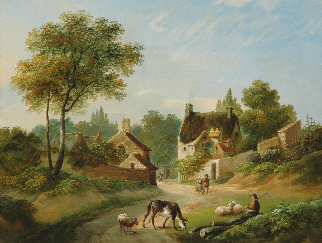Jonker L.  | Leendert Jonker, A village road with landfolk and a shepherd, oil on panel 32.1 x 41.9 cm, signed l.o.t.c. and dated 1847