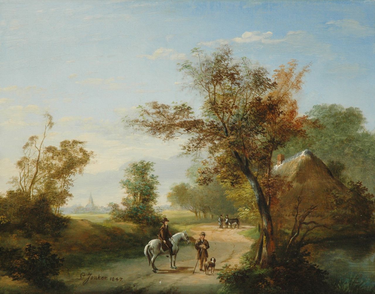 Jonker L.  | Leendert Jonker, A summer landschape with landfolk and a horseman, oil on panel 32.8 x 41.3 cm, signed l.o.t.c. and dated 1847