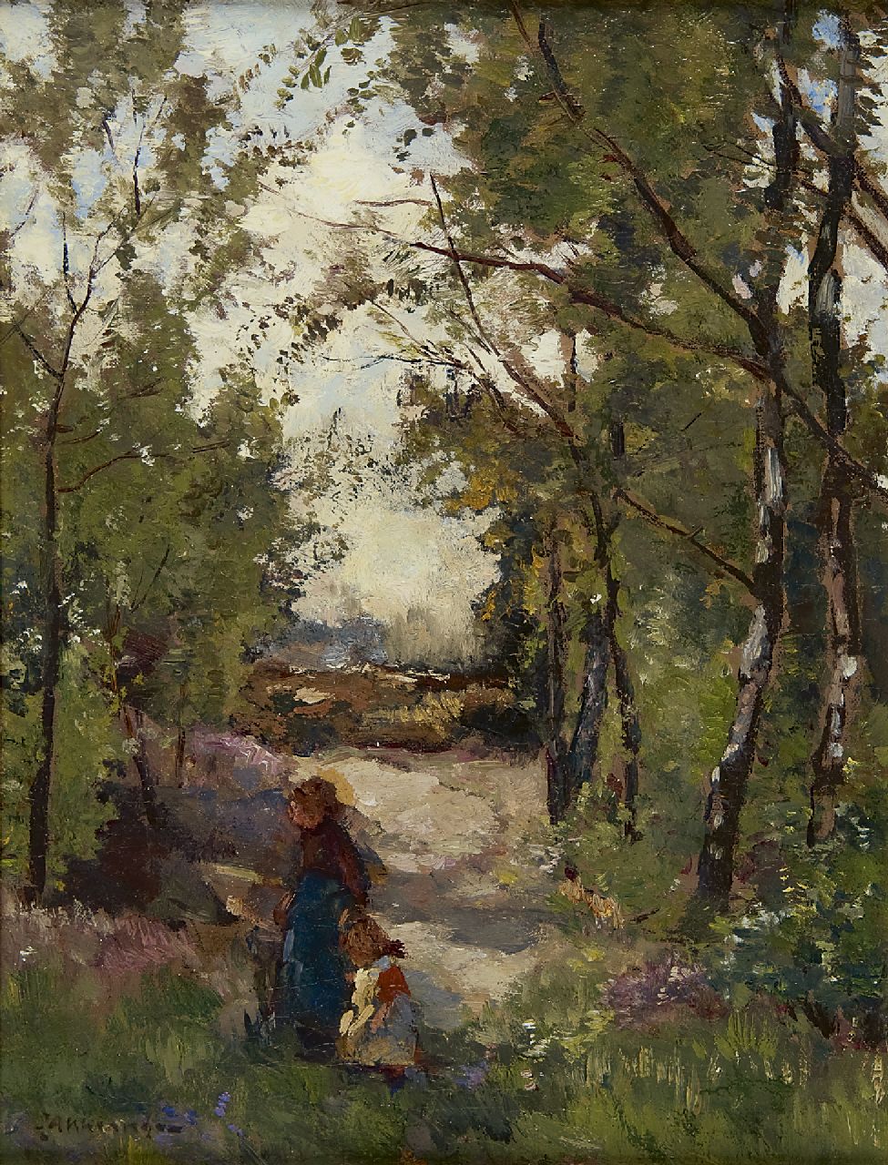 Akkeringa J.E.H.  | 'Johannes Evert' Hendrik Akkeringa, At mothers hand through the forest, oil on canvas 33.3 x 24.6 cm, signed l.l.