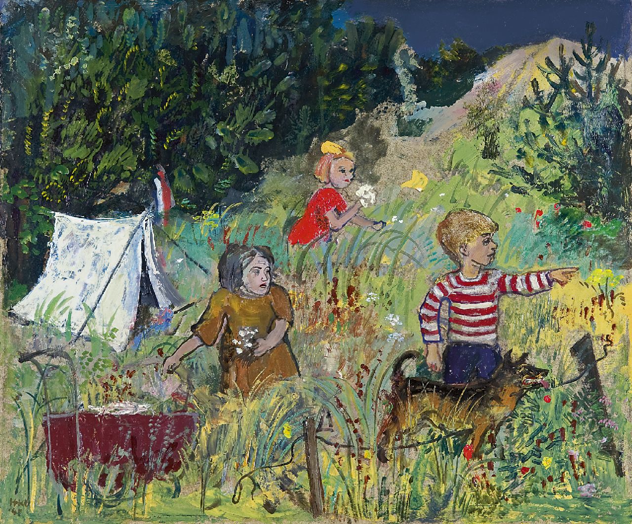 Kamerlingh Onnes H.H.  | 'Harm' Henrick Kamerlingh Onnes, Camping in the dunes, oil on eternite 33.0 x 40.1 cm, signed l.l. with monogram and dated '43