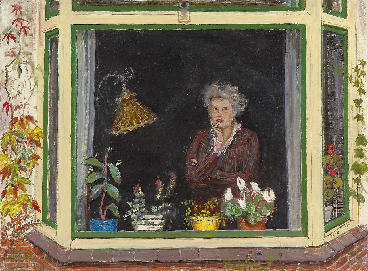 Kamerlingh Onnes H.H.  | 'Harm' Henrick Kamerlingh Onnes, A woman in an bay window, oil on board 30.2 x 40.0 cm, signed l.r. with monogram and dated '50