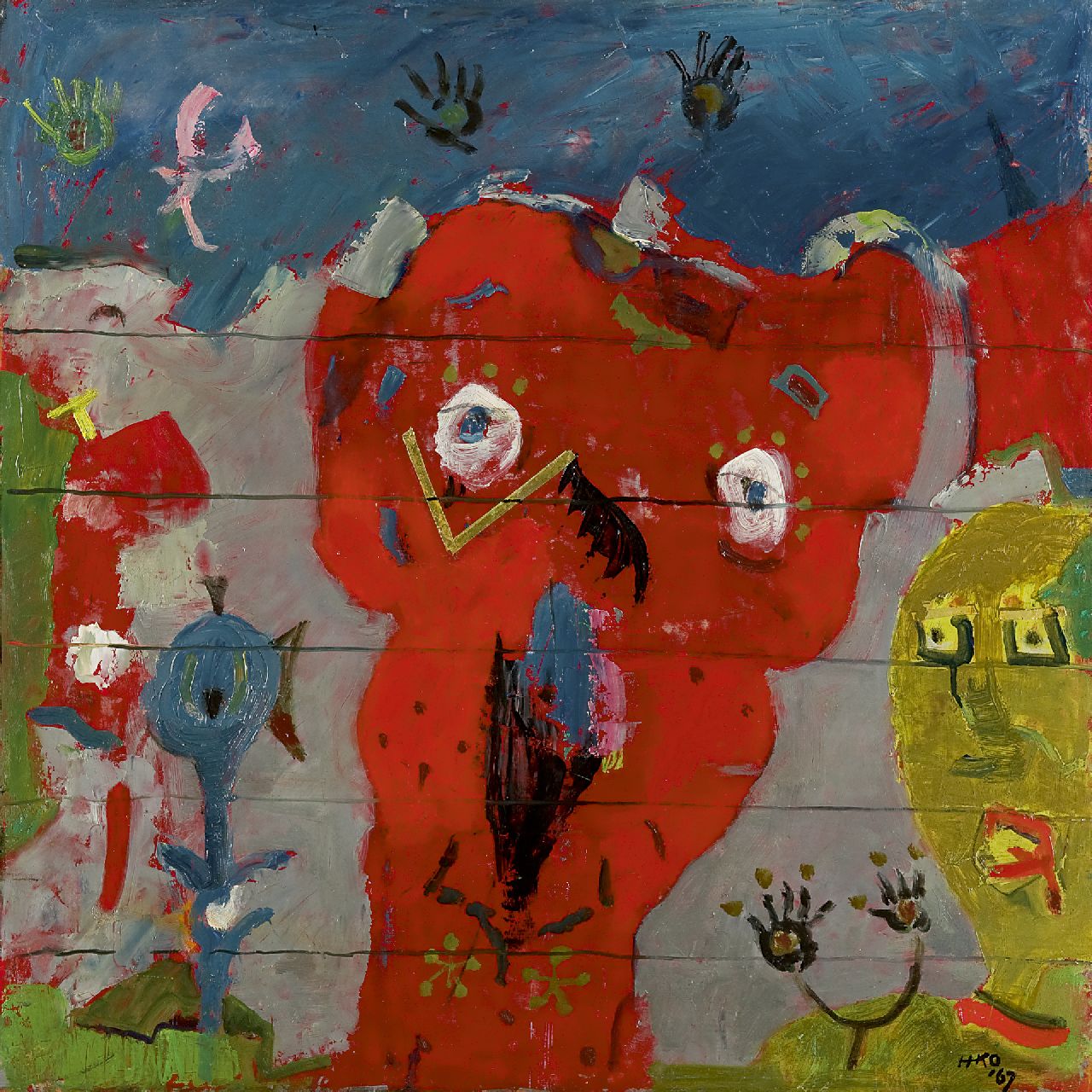 Kamerlingh Onnes H.H.  | 'Harm' Henrick Kamerlingh Onnes, A child's dreamworld, oil on board 49.4 x 49.8 cm, signed l.r. with monogram and dated '67