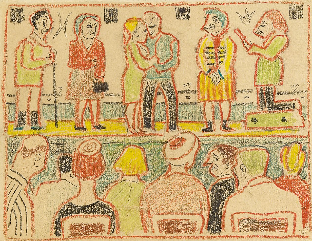 Kamerlingh Onnes H.H.  | 'Harm' Henrick Kamerlingh Onnes | Watercolours and drawings offered for sale | The theater performance, chalk on paper 23.6 x 30.6 cm, signed l.r. with mon. and executed '66