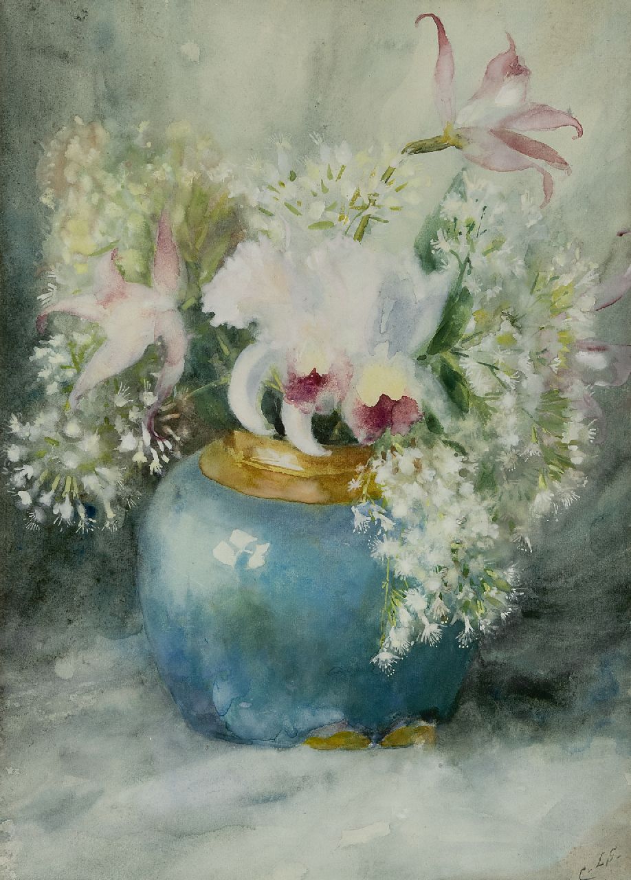 Caro van Limburg Stirum | Flowers in a blue vase, watercolour on paper, 47.0 x 33.5 cm, signed l.r. with initials